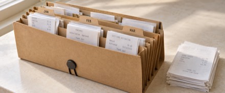 Receipts filed by month in an accordion folder