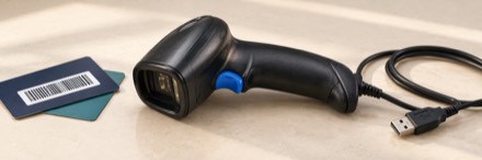 A handheld barcode scanner beside a gift card