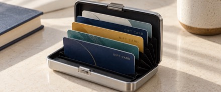 A hard shell case holding a stack of gift cards