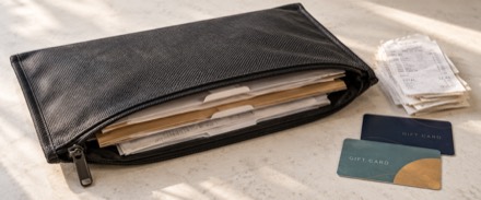 A fireproof bag holding stored receipts