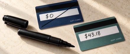 A gift card with its remaining balance written on it