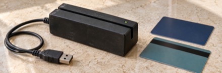 A USB magnetic stripe reader with a card swiping through